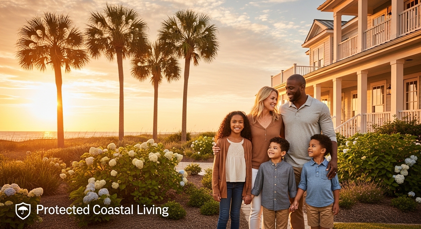 Happy family in front of their protected coastal home - Beach Insurance LLC